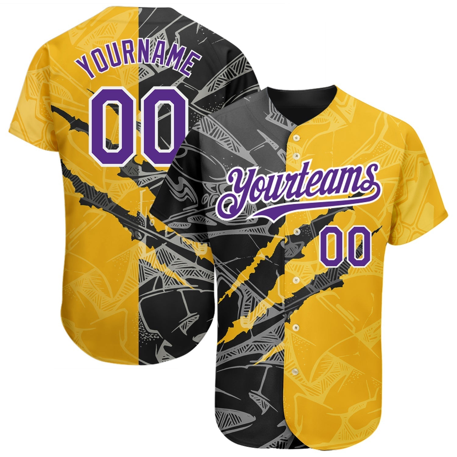 Custom Graffiti Pattern Purple Yellow-Black 3D Scratch Authentic Baseball Jersey baseball jersey product view 1