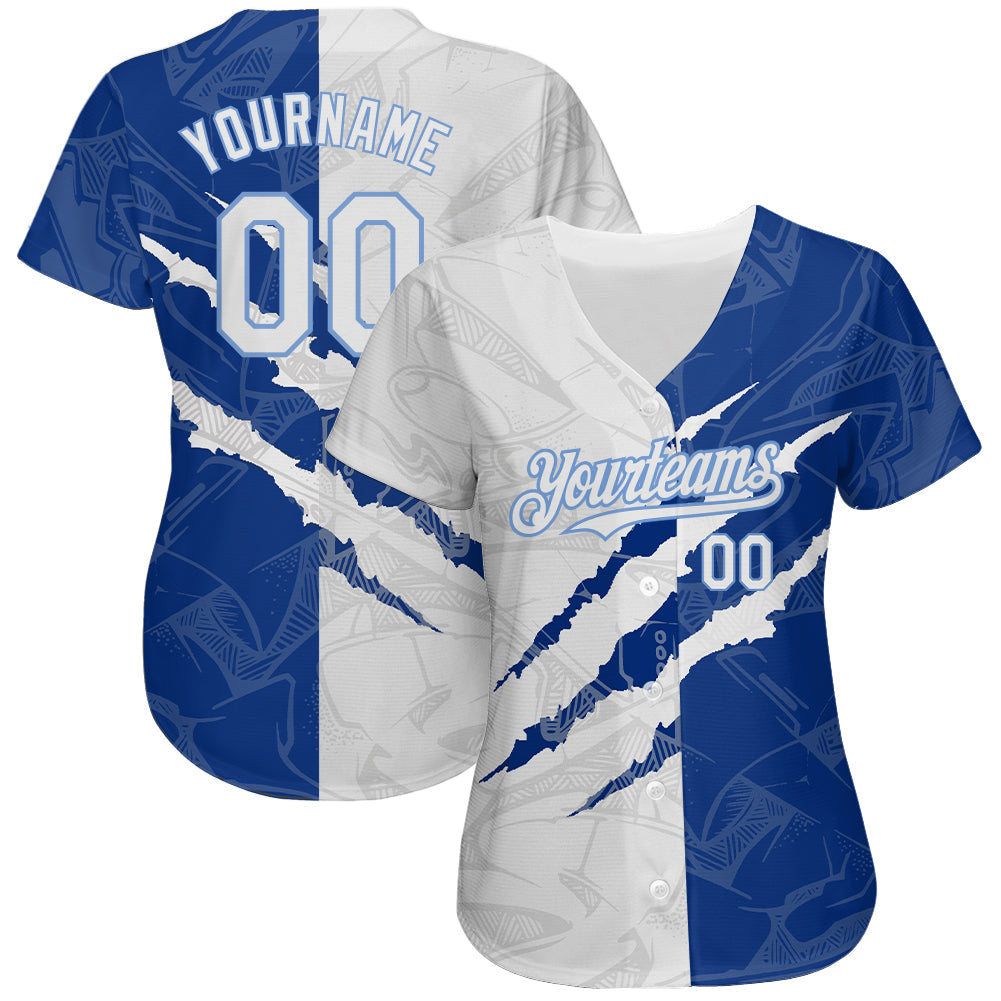 Custom Graffiti Pattern White Royal-Light Blue 3D Scratch Authentic Baseball Jersey baseball jersey product view 2