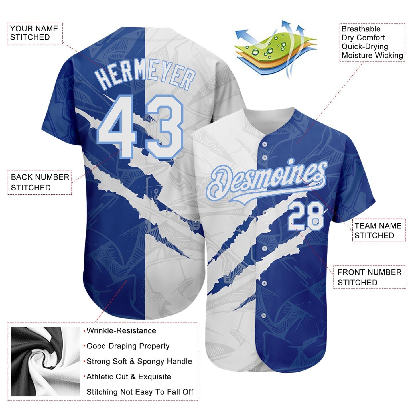 Custom Graffiti Pattern White Royal-Light Blue 3D Scratch Authentic Baseball Jersey baseball jersey product view 3