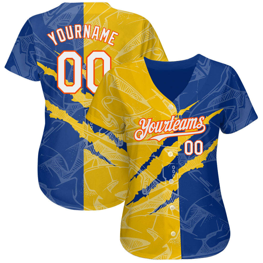 Custom Graffiti Pattern White Royal Yellow-Orange 3D Scratch Authentic Baseball Jersey baseball jersey product view 2