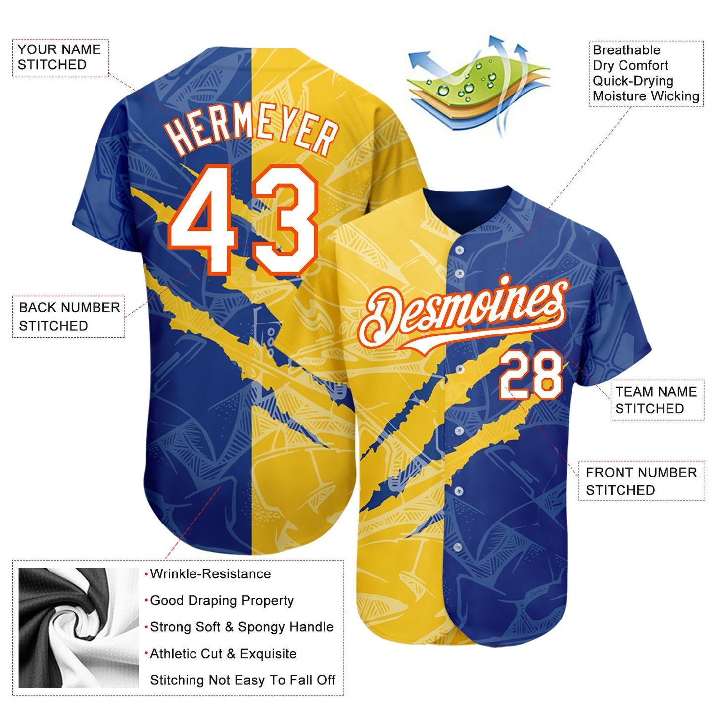 Custom Graffiti Pattern White Royal Yellow-Orange 3D Scratch Authentic Baseball Jersey baseball jersey product view 3