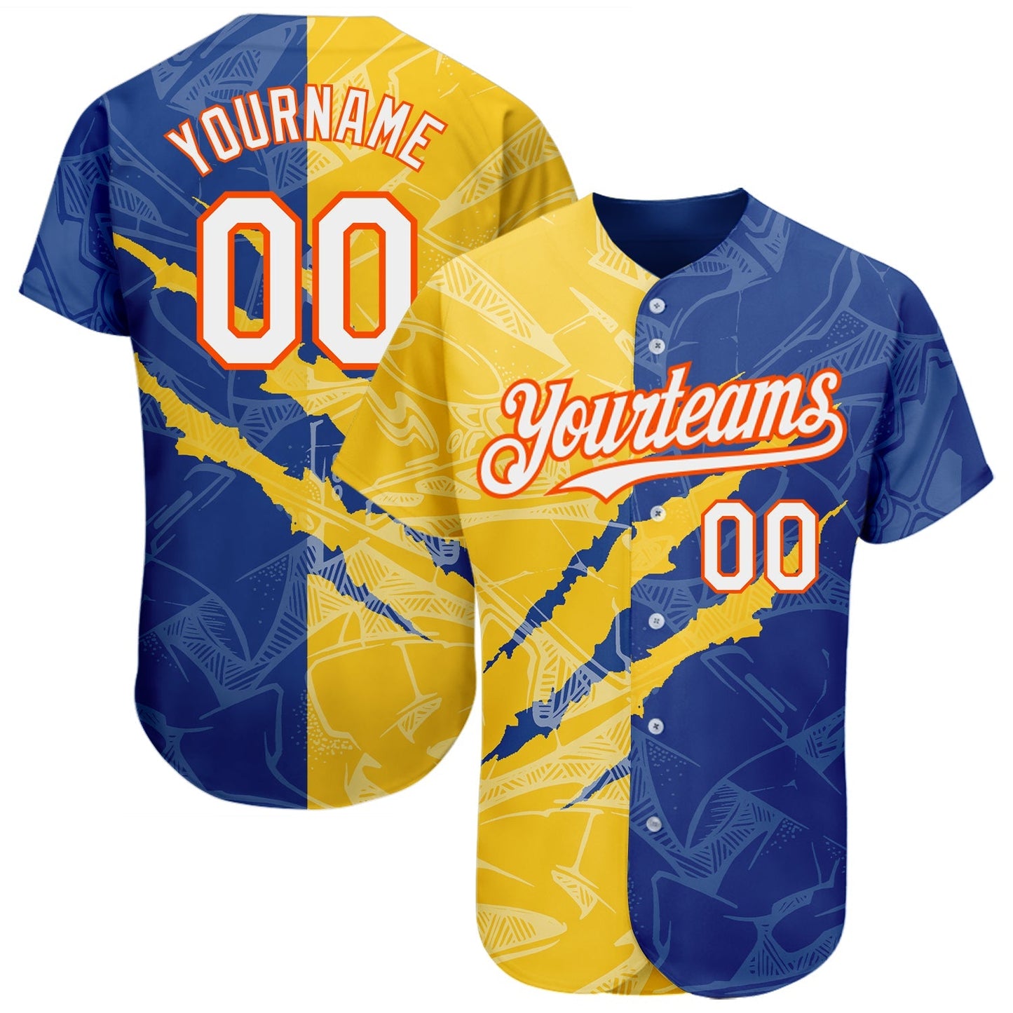 Custom Graffiti Pattern White Royal Yellow-Orange 3D Scratch Authentic Baseball Jersey baseball jersey product view 1