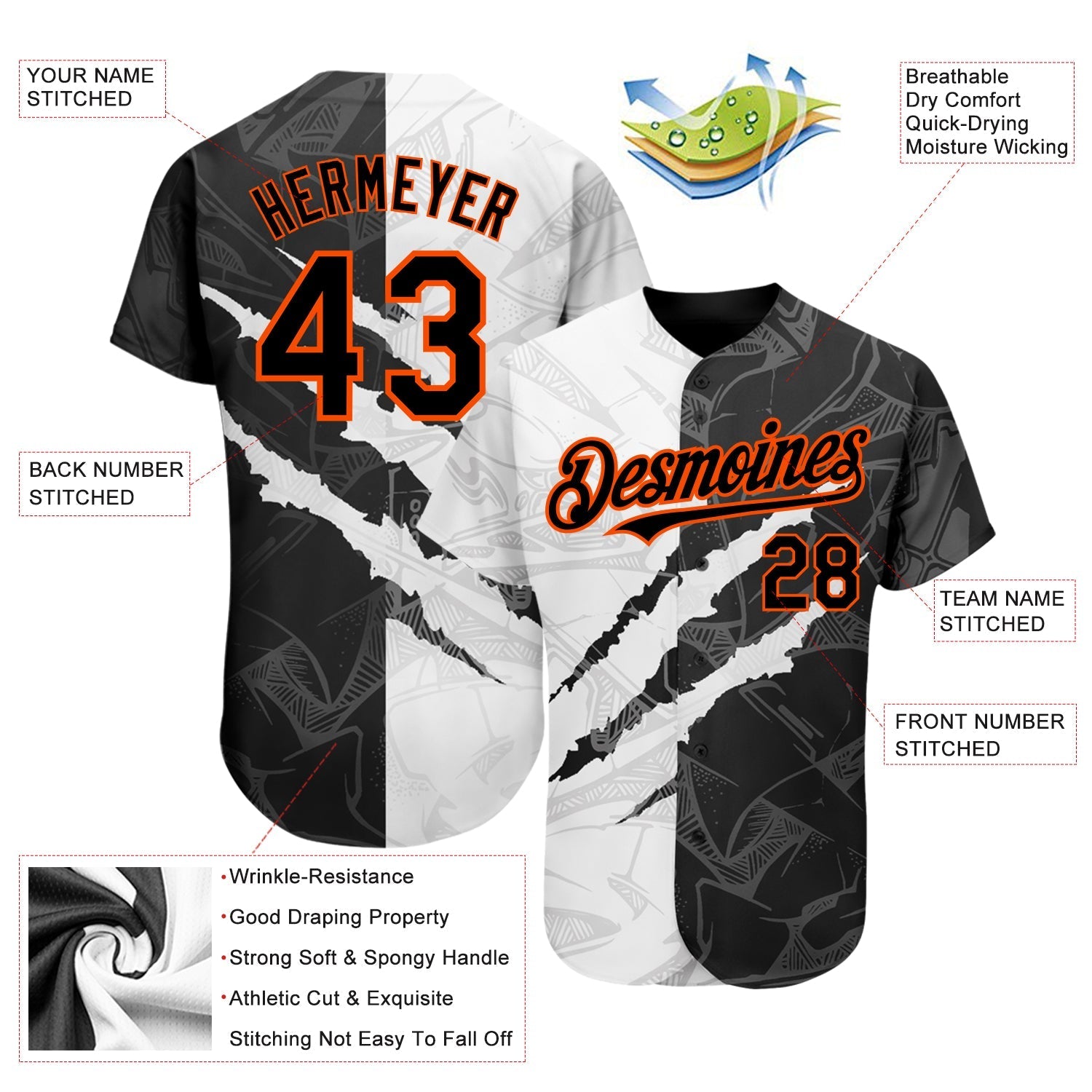 Custom Graffiti Pattern Black-Orange 3D Scratch Authentic Baseball Jersey baseball jersey product view 3