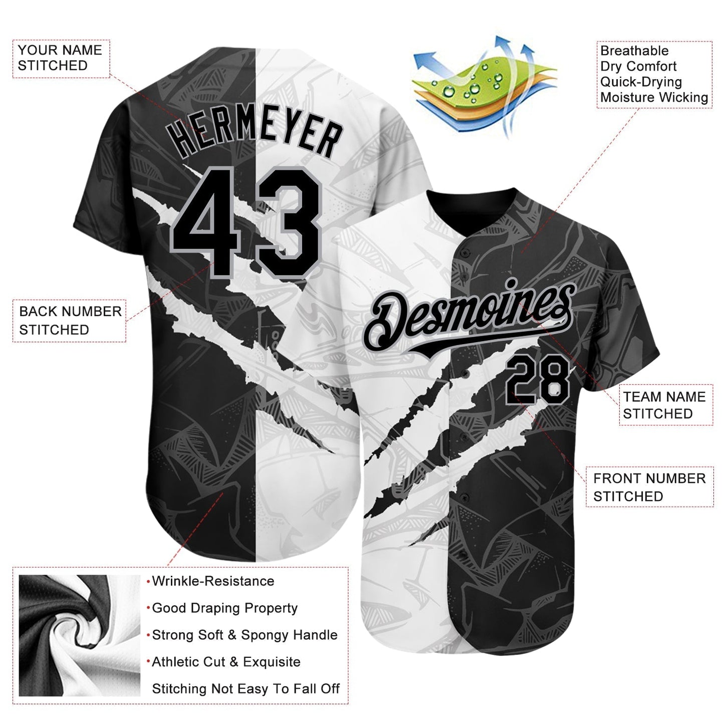 Custom Graffiti Pattern Black-Gray 3D Scratch Authentic Baseball Jersey baseball jersey product view 3