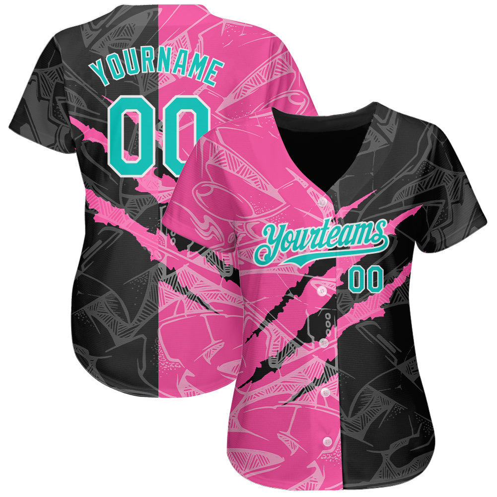 Custom Graffiti Pattern Aqua Black-Pink 3D Scratch Authentic Baseball Jersey baseball jersey product view 2