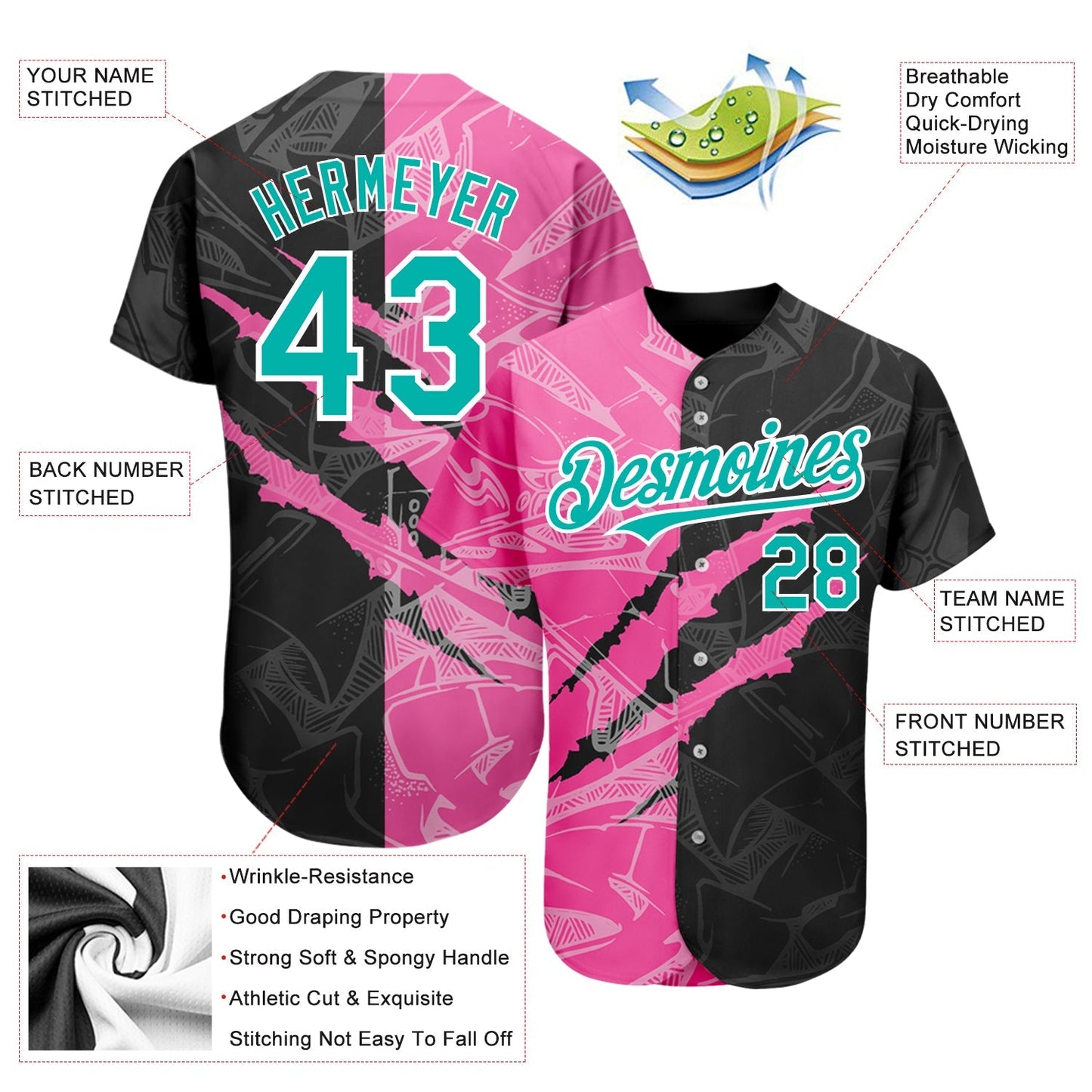 Custom Graffiti Pattern Aqua Black-Pink 3D Scratch Authentic Baseball Jersey baseball jersey product view 3