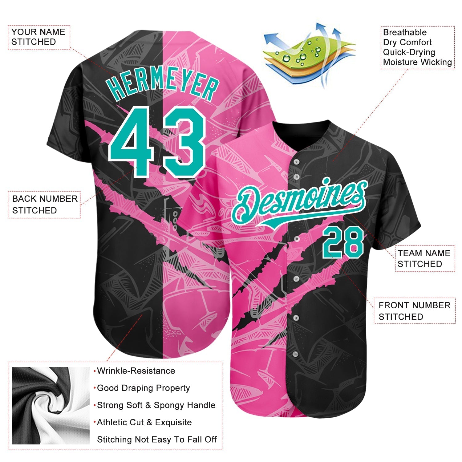 Custom Graffiti Pattern Aqua Black-Pink 3D Scratch Authentic Baseball Jersey baseball jersey product view 3