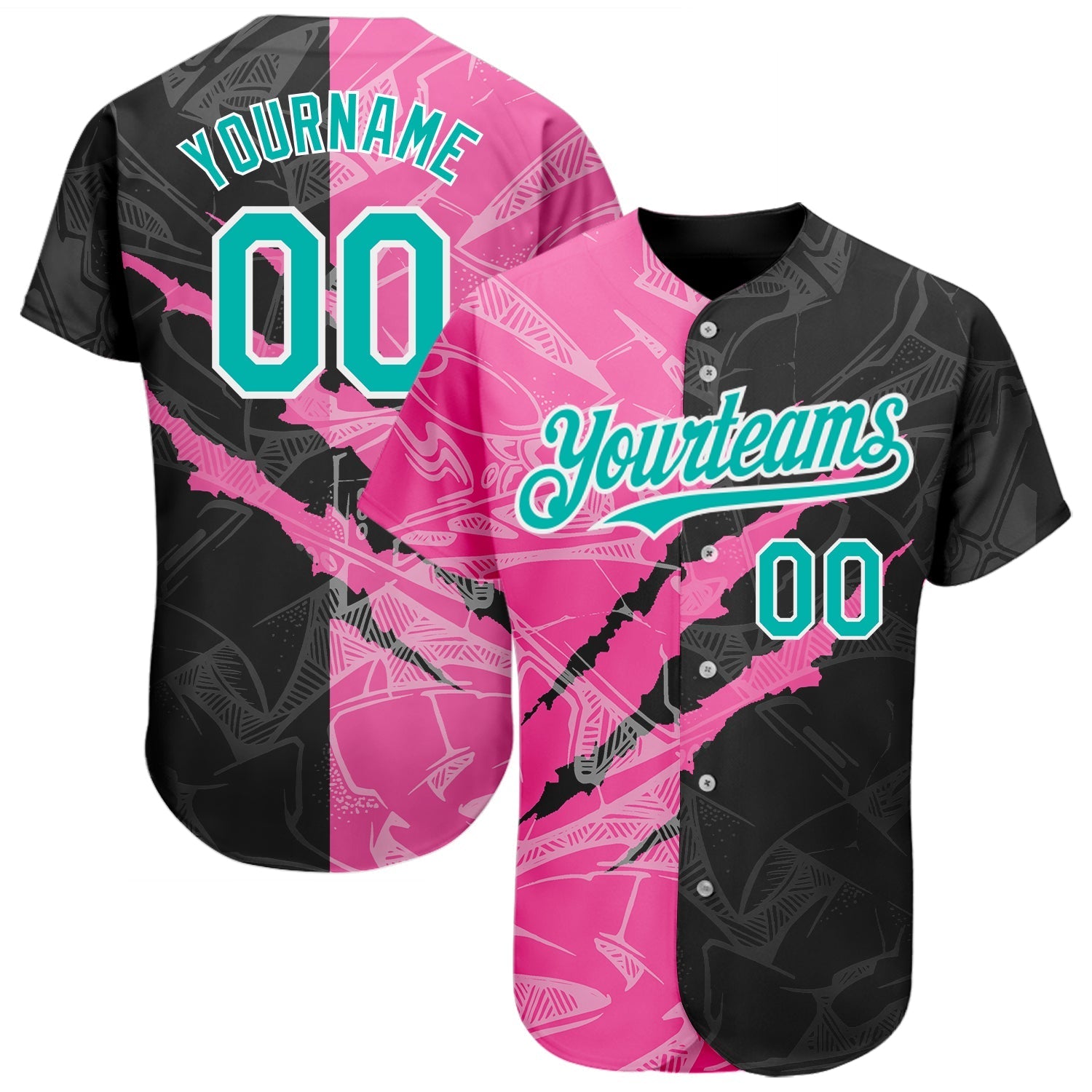 Custom Graffiti Pattern Aqua Black-Pink 3D Scratch Authentic Baseball Jersey baseball jersey product view 1