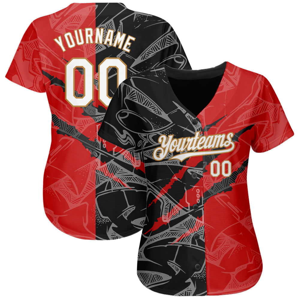 Custom Graffiti Pattern White Red Black-Old Gold 3D Scratch Authentic Baseball Jersey baseball jersey product view 3