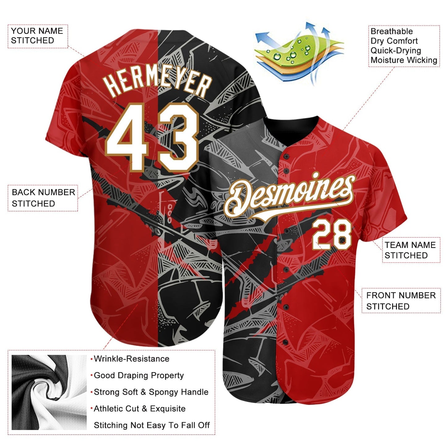 Custom Graffiti Pattern White Red Black-Old Gold 3D Scratch Authentic Baseball Jersey baseball jersey product view 4