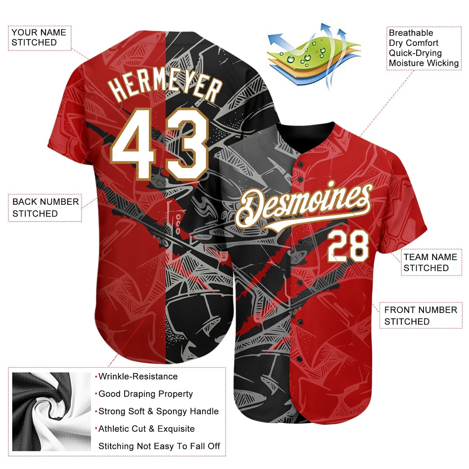 Custom Graffiti Pattern White Red Black-Old Gold 3D Scratch Authentic Baseball Jersey baseball jersey product view 4