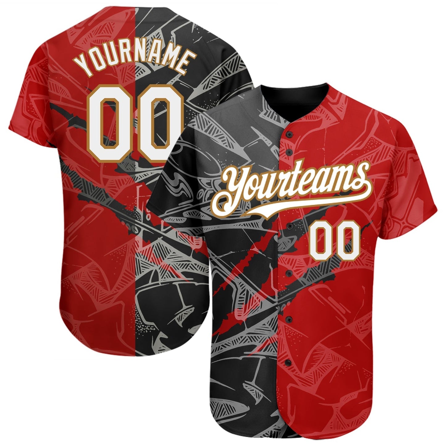Custom Graffiti Pattern White Red Black-Old Gold 3D Scratch Authentic Baseball Jersey baseball jersey product view 1
