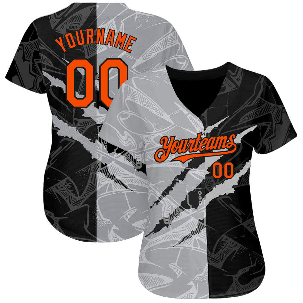 Custom Graffiti Pattern Orange Black-Gray 3D Scratch Authentic Baseball Jersey baseball jersey product view 2