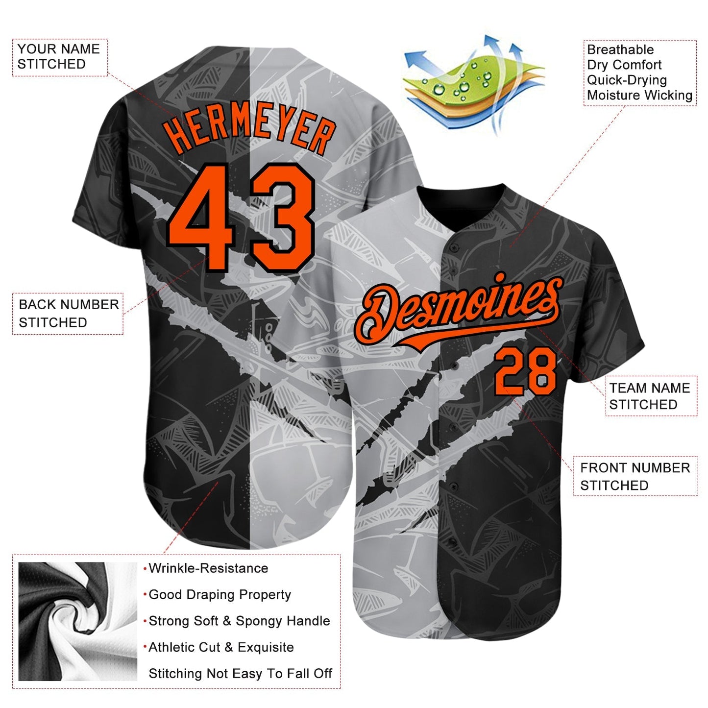 Custom Graffiti Pattern Orange Black-Gray 3D Scratch Authentic Baseball Jersey baseball jersey product view 3