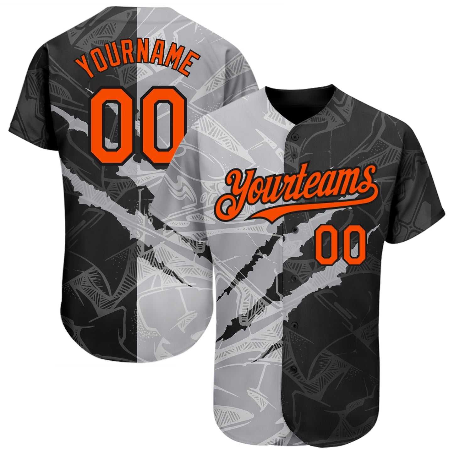 Custom Graffiti Pattern Orange Black-Gray 3D Scratch Authentic Baseball Jersey baseball jersey product view 1