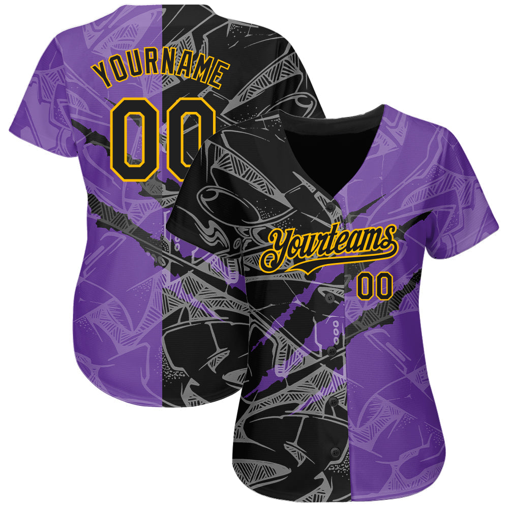 Custom Graffiti Pattern Black Purple-Gold 3D Scratch Authentic Baseball Jersey baseball jersey product view 2