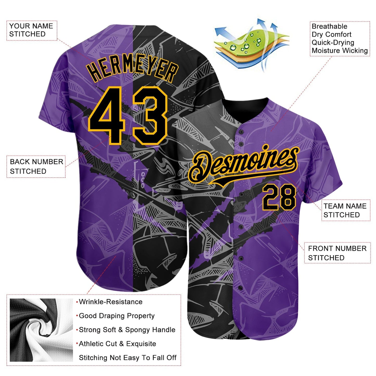 Custom Graffiti Pattern Black Purple-Gold 3D Scratch Authentic Baseball Jersey baseball jersey product view 3