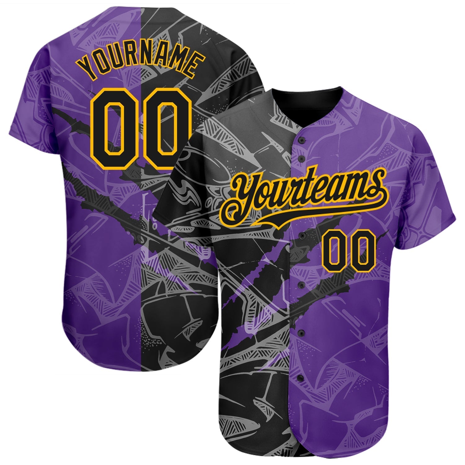 Custom Graffiti Pattern Black Purple-Gold 3D Scratch Authentic Baseball Jersey baseball jersey product view 1