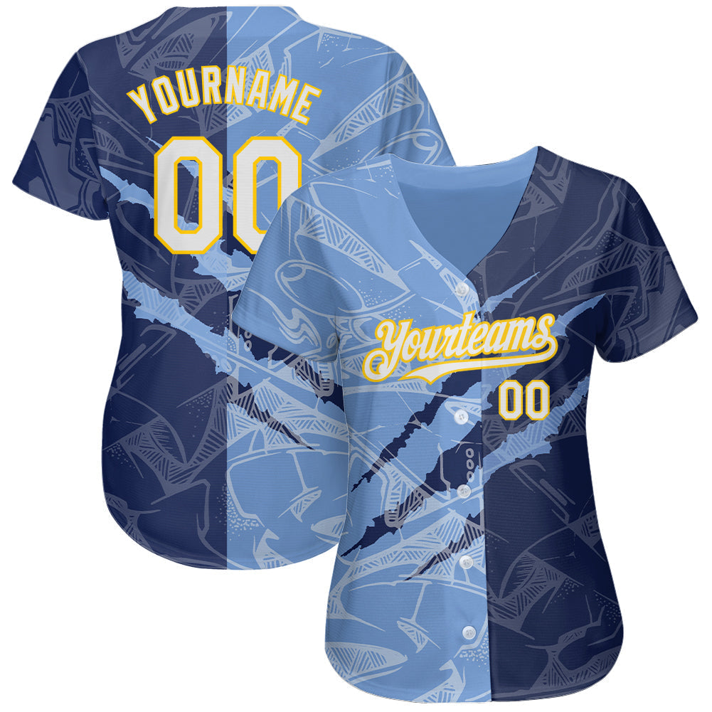 Custom Graffiti Pattern White Navy Light Blue-Yellow 3D Scratch Authentic Baseball Jersey baseball jersey product view 2