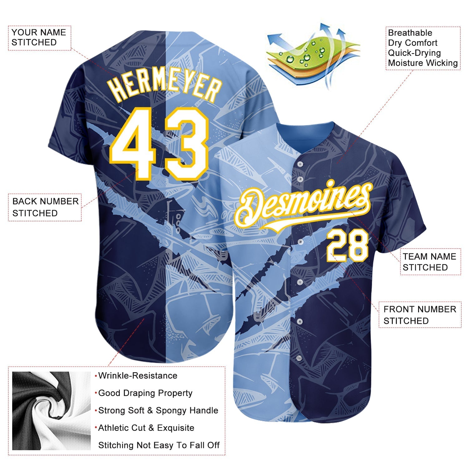 Custom Graffiti Pattern White Navy Light Blue-Yellow 3D Scratch Authentic Baseball Jersey baseball jersey product view 3