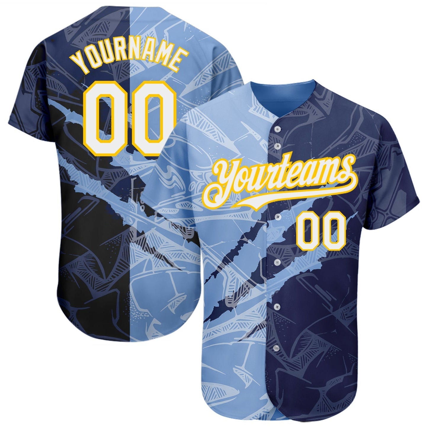 Custom Graffiti Pattern White Navy Light Blue-Yellow 3D Scratch Authentic Baseball Jersey baseball jersey product view 1