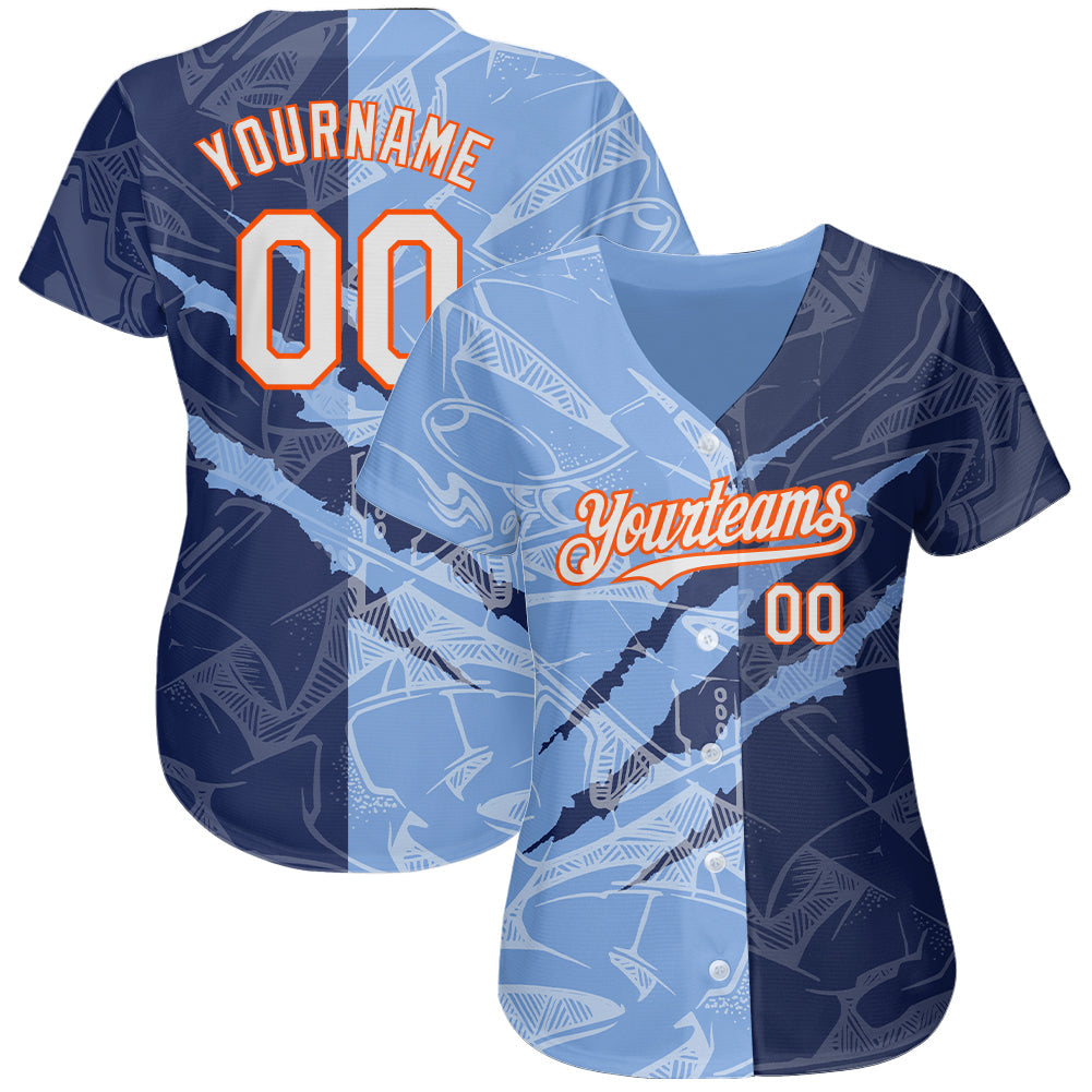 Custom Graffiti Pattern White Navy Light Blue-Orange 3D Scratch Authentic Baseball Jersey baseball jersey product view 2