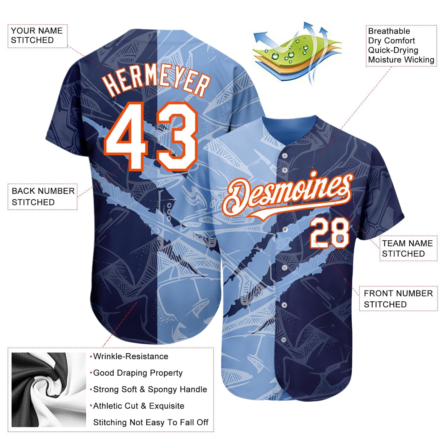 Custom Graffiti Pattern White Navy Light Blue-Orange 3D Scratch Authentic Baseball Jersey baseball jersey product view 3