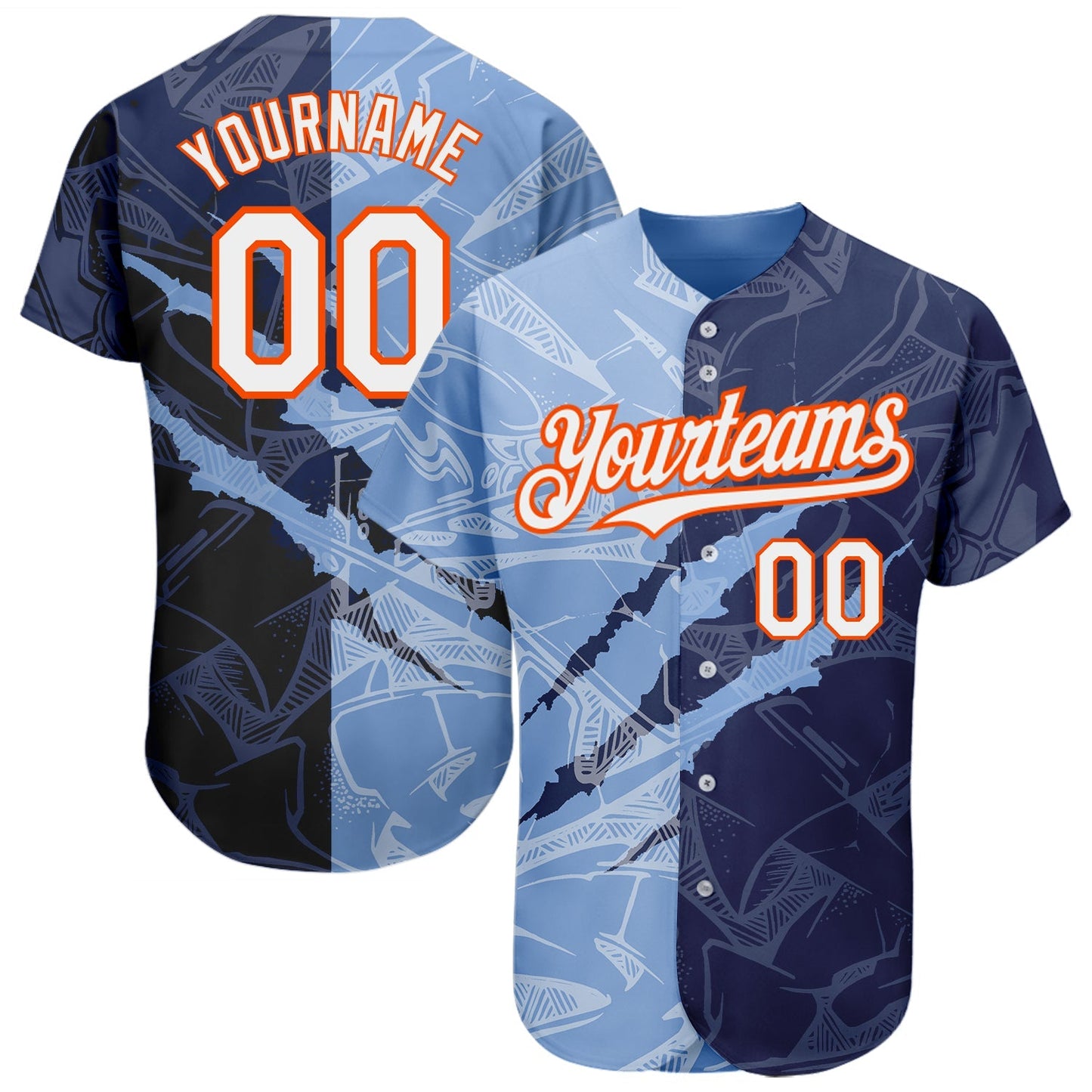 Custom Graffiti Pattern White Navy Light Blue-Orange 3D Scratch Authentic Baseball Jersey baseball jersey product view 1