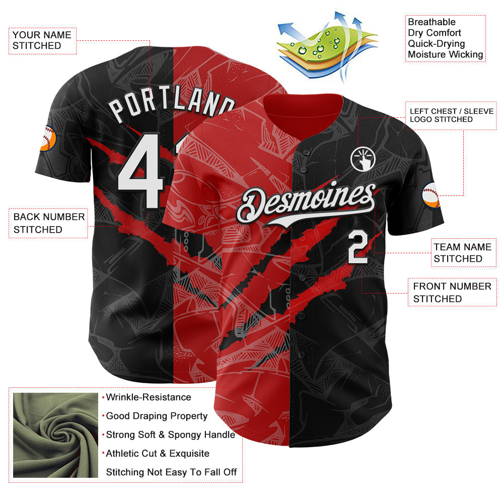 Custom Graffiti Pattern White Black-Red 3D Scratch Authentic Baseball Jersey baseball jersey product view 3