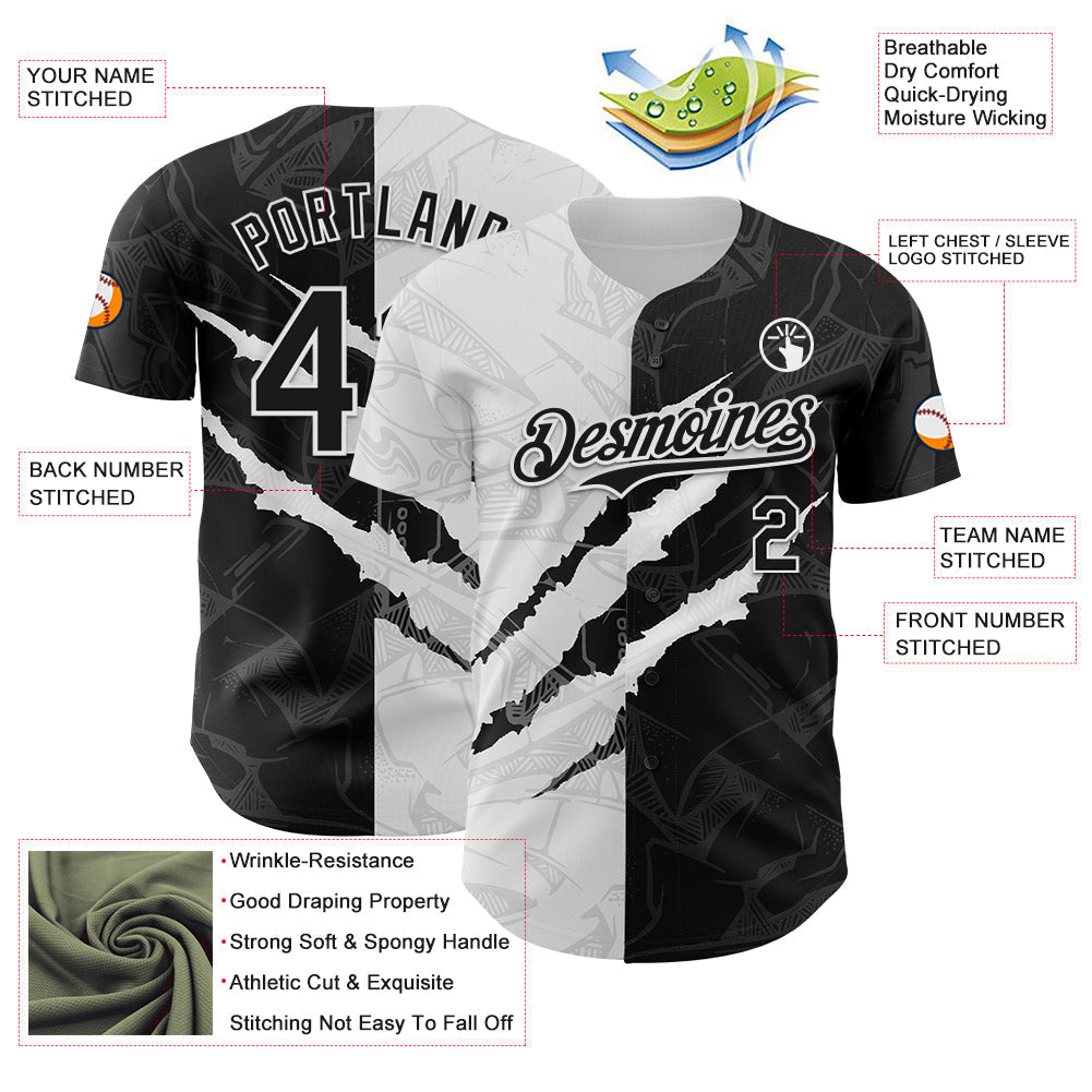 Custom Graffiti Pattern Black-White 3D Scratch Authentic Baseball Jersey baseball jersey product view 3