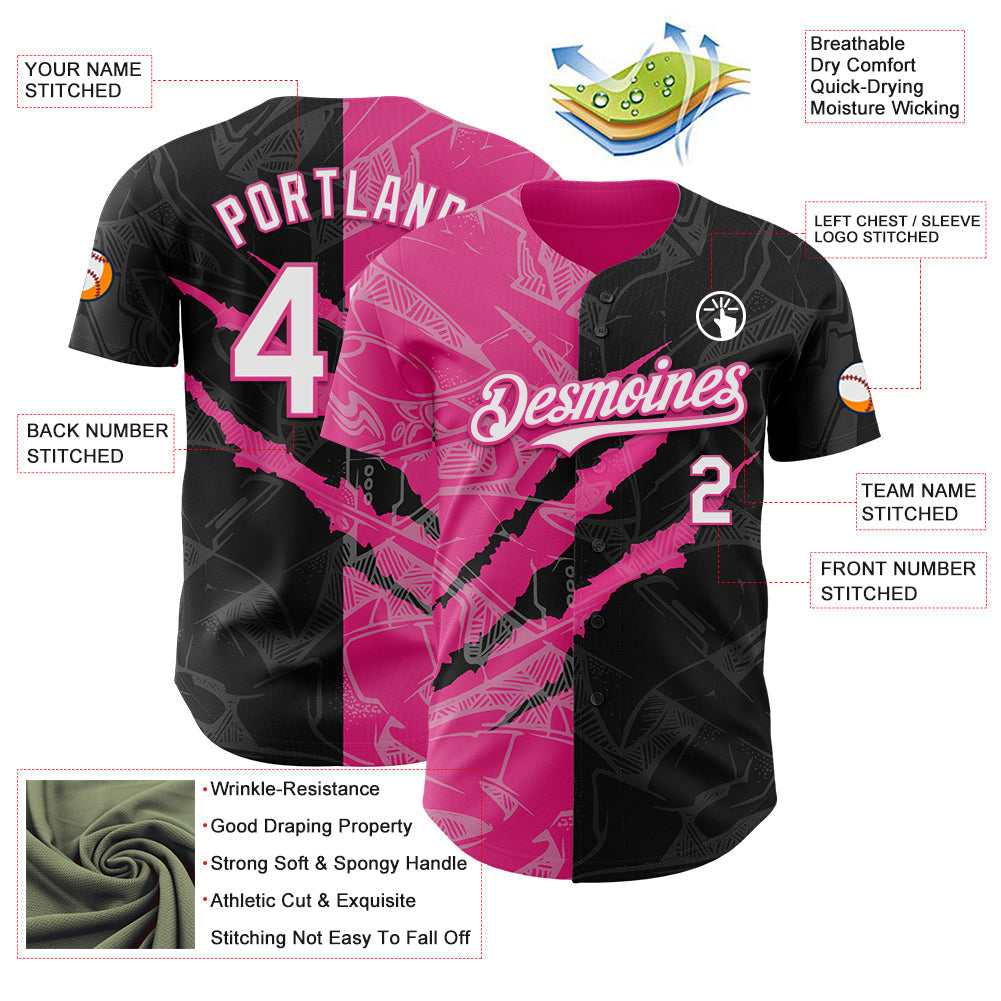 Custom Graffiti Pattern White Black-Pink 3D Scratch Authentic Baseball Jersey baseball jersey product view 3