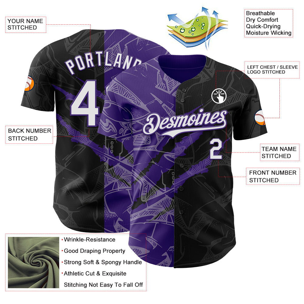 Custom Graffiti Pattern White Black-Purple 3D Scratch Authentic Baseball Jersey baseball jersey product view 3