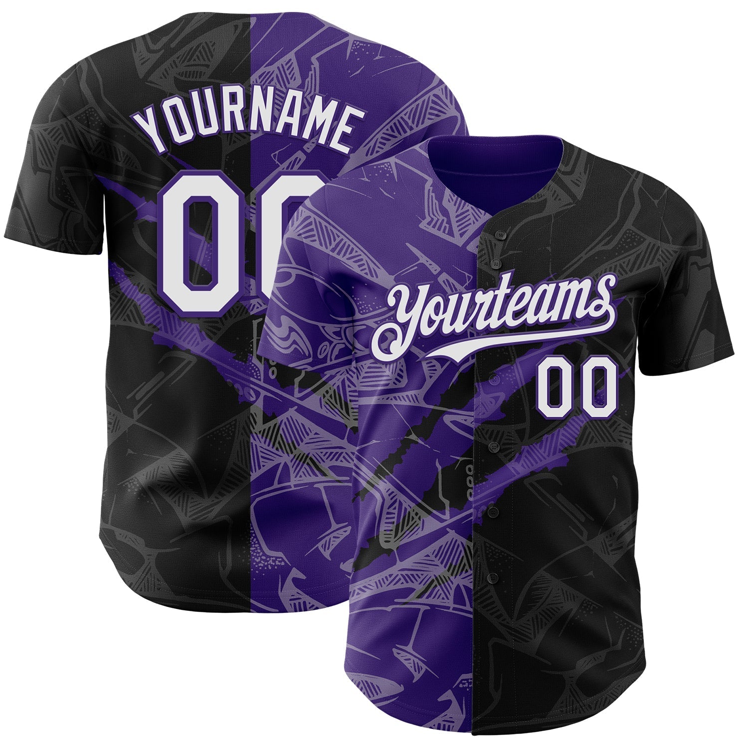 Custom Graffiti Pattern White Black-Purple 3D Scratch Authentic Baseball Jersey baseball jersey product view 1