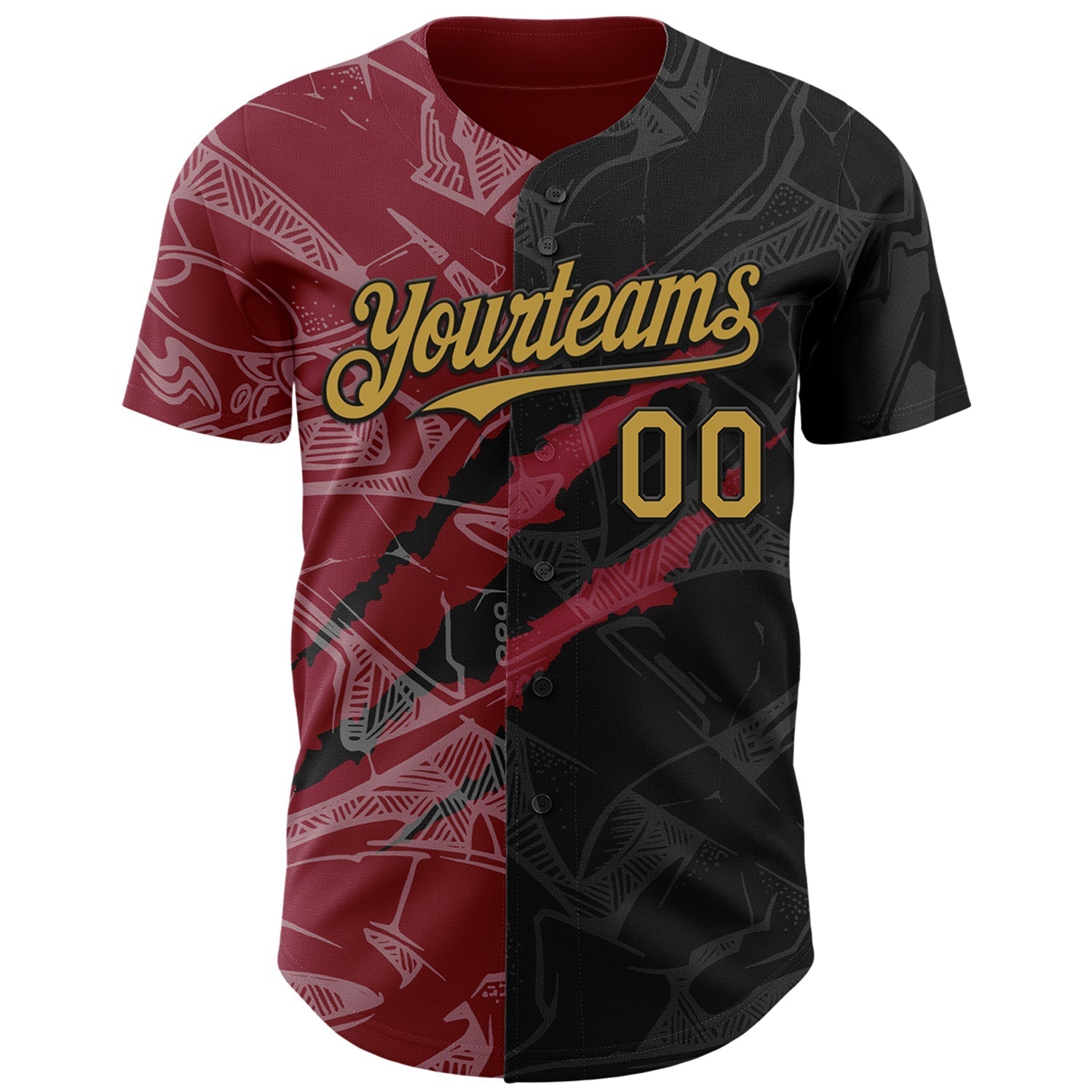 Custom Graffiti Pattern Old Gold Black-Crimson 3D Scratch Authentic Baseball Jersey baseball jersey product view 2
