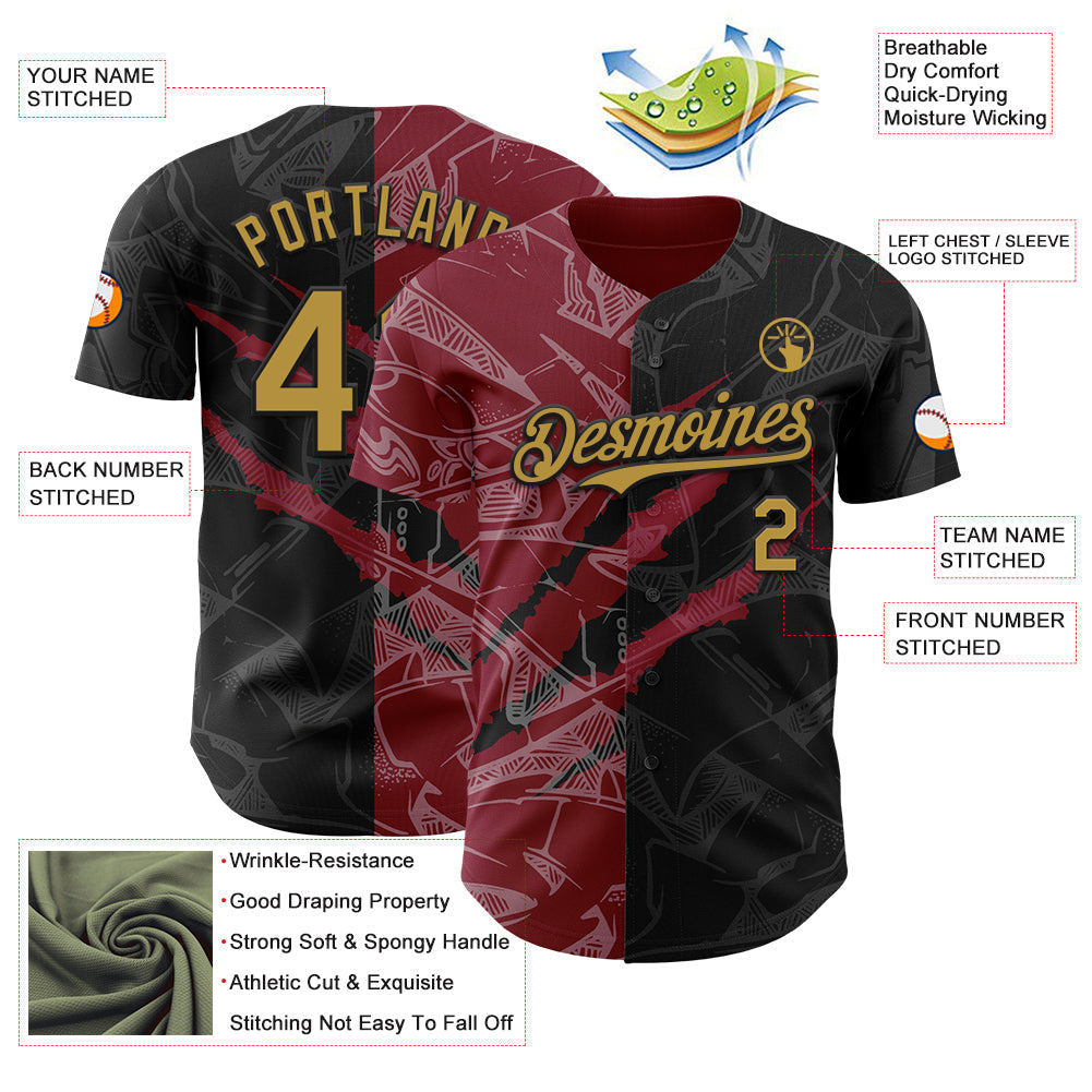 Custom Graffiti Pattern Old Gold Black-Crimson 3D Scratch Authentic Baseball Jersey baseball jersey product view 3
