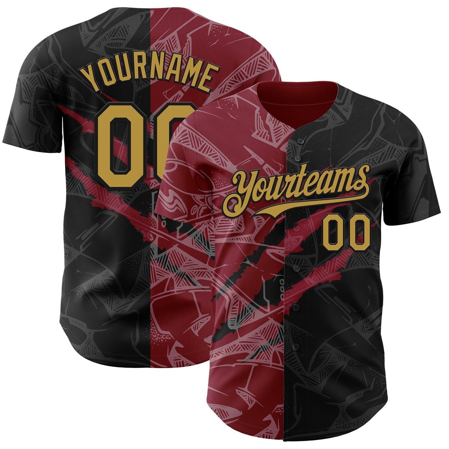 Custom Graffiti Pattern Old Gold Black-Crimson 3D Scratch Authentic Baseball Jersey baseball jersey product view 1