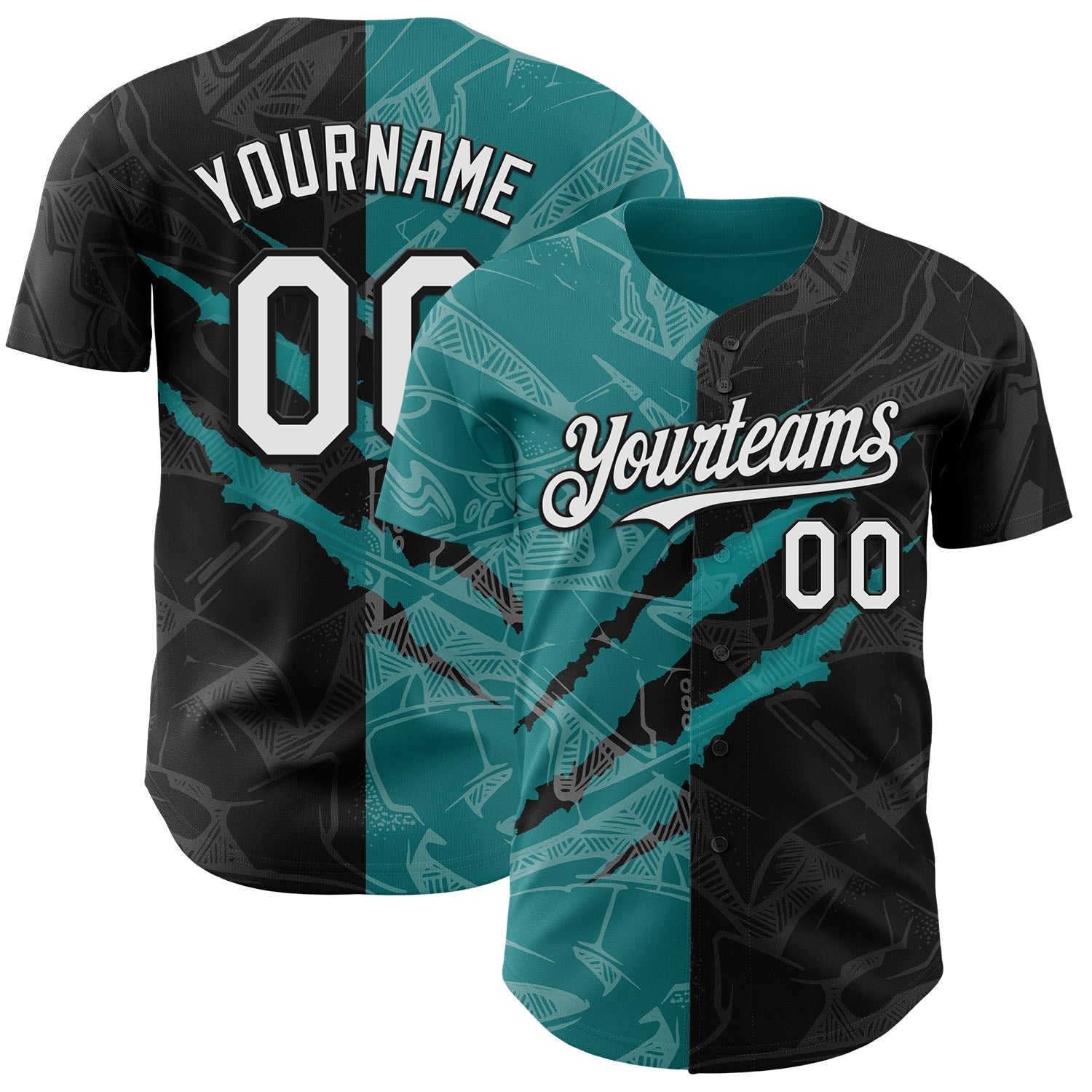 Custom Graffiti Pattern White Black-Teal 3D Scratch Authentic Baseball Jersey baseball jersey product view 1