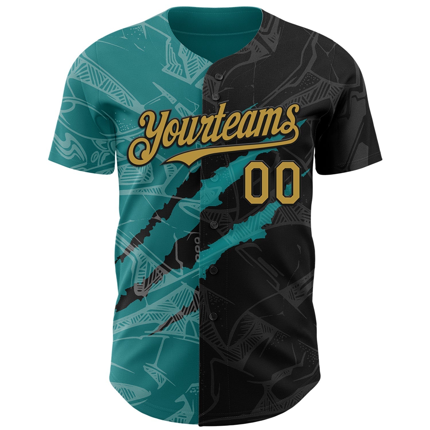 Custom Graffiti Pattern Old Gold Black-Teal 3D Scratch Authentic Baseball Jersey baseball jersey product view 2