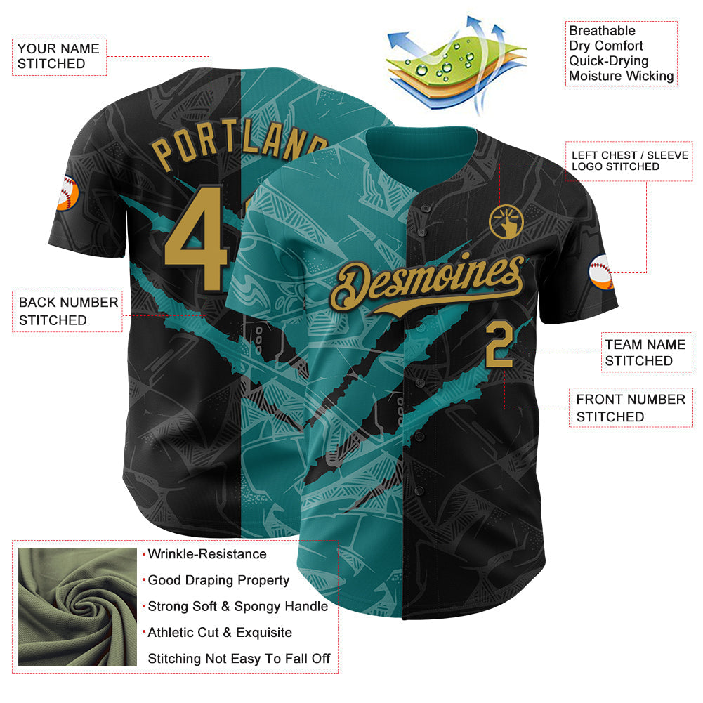 Custom Graffiti Pattern Old Gold Black-Teal 3D Scratch Authentic Baseball Jersey baseball jersey product view 3