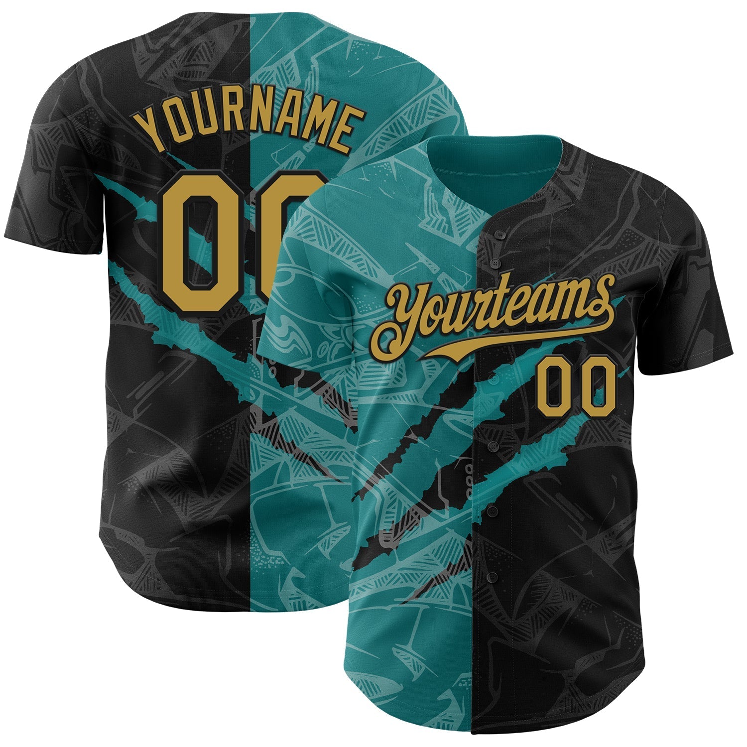 Custom Graffiti Pattern Old Gold Black-Teal 3D Scratch Authentic Baseball Jersey baseball jersey product view 1