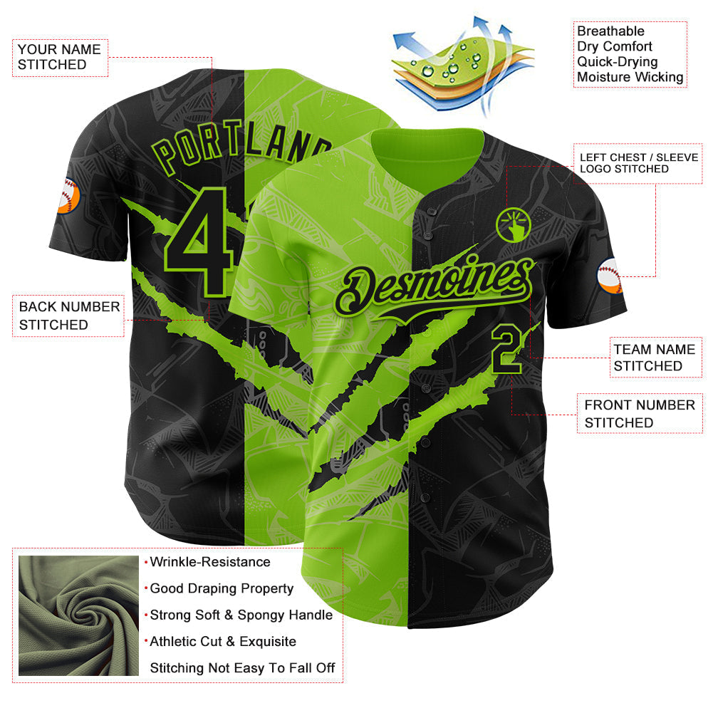 Custom Graffiti Pattern Black-Neon Green 3D Scratch Authentic Baseball Jersey baseball jersey product view 3