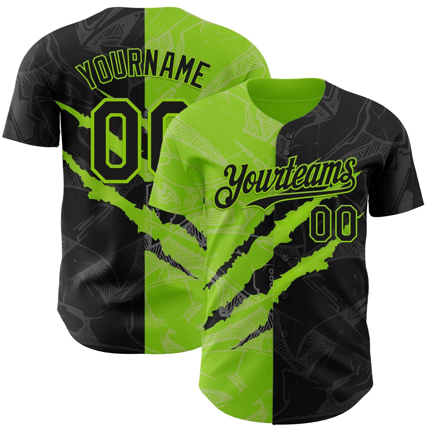 Custom Graffiti Pattern Black-Neon Green 3D Scratch Authentic Baseball Jersey baseball jersey product view 1
