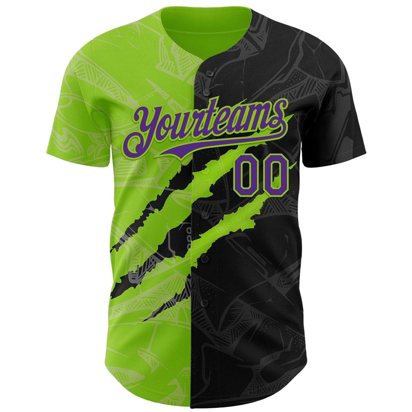 Custom Graffiti Pattern Purple Black-Neon Green 3D Scratch Authentic Baseball Jersey baseball jersey product view 2