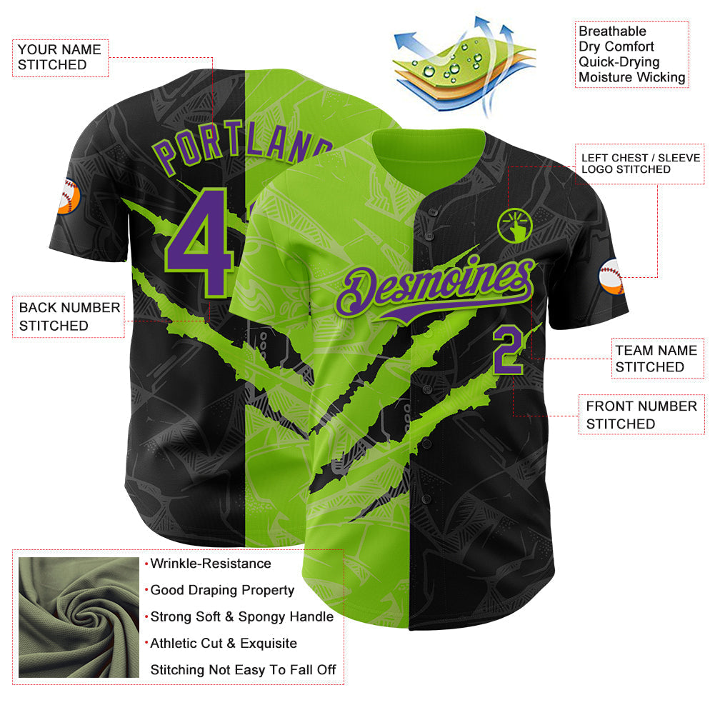 Custom Graffiti Pattern Purple Black-Neon Green 3D Scratch Authentic Baseball Jersey baseball jersey product view 3