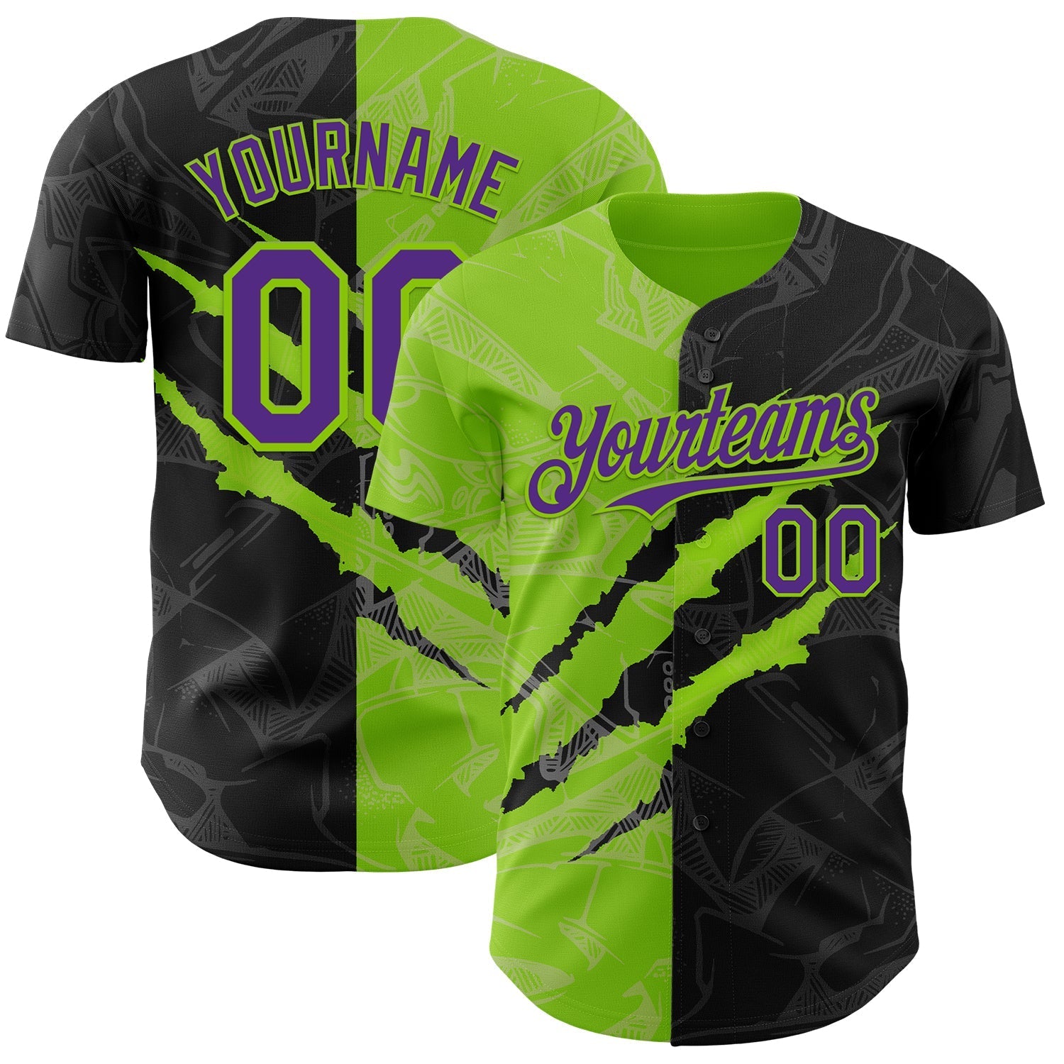 Custom Graffiti Pattern Purple Black-Neon Green 3D Scratch Authentic Baseball Jersey baseball jersey product view 1