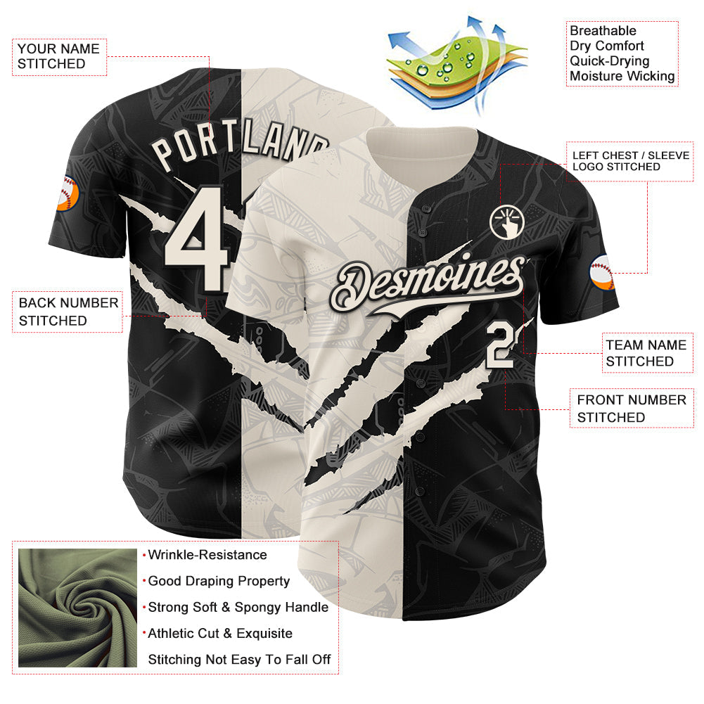 Custom Graffiti Pattern Cream-Black 3D Scratch Authentic Baseball Jersey baseball jersey product view 3