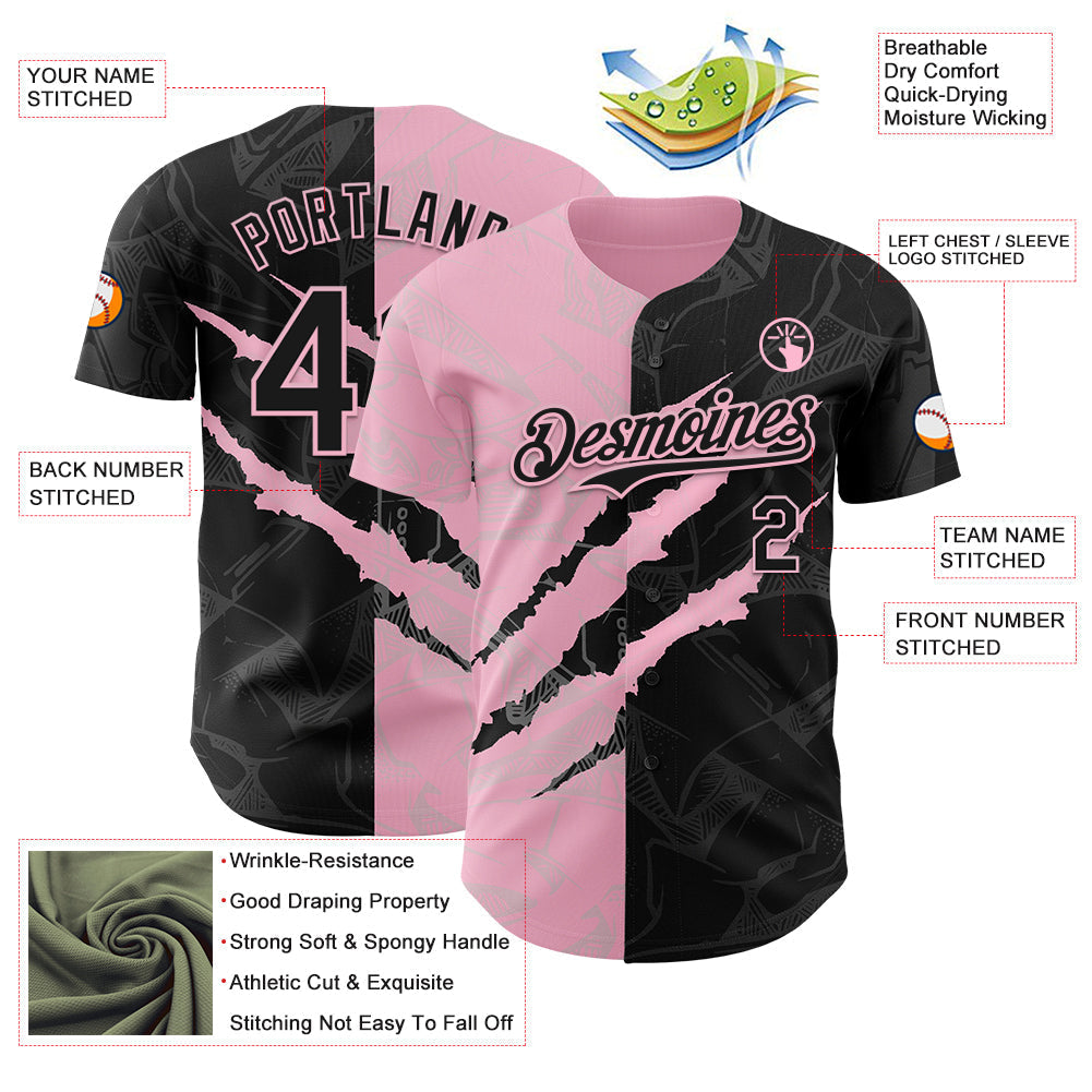 Custom Graffiti Pattern Black-Light Pink 3D Scratch Authentic Baseball Jersey baseball jersey product view 3