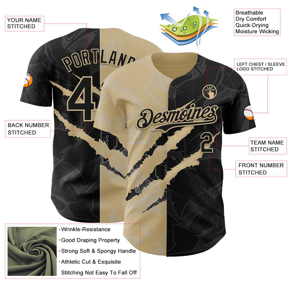Custom Graffiti Pattern Black-Vegas Gold 3D Scratch Authentic Baseball Jersey baseball jersey product view 3