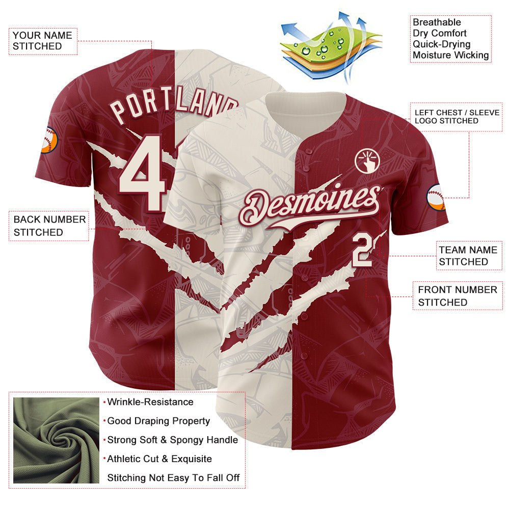 Custom Graffiti Pattern Cream-Crimson 3D Scratch Authentic Baseball Jersey baseball jersey product view 3