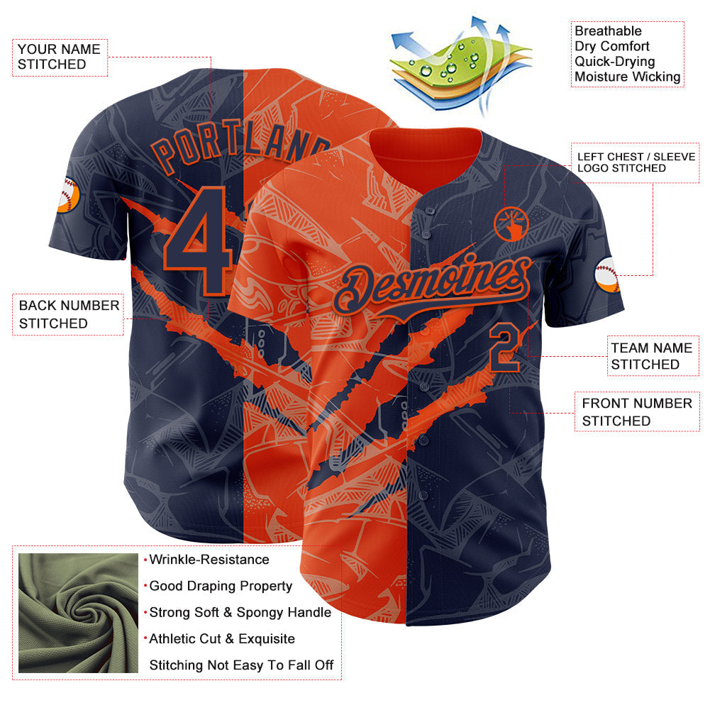 Custom Graffiti Pattern Navy-Orange 3D Scratch Authentic Baseball Jersey baseball jersey product view 3